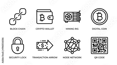 Crypto icons: blockchain, wallet, mining rig, coin, lock, transaction, nodes, QR code.
