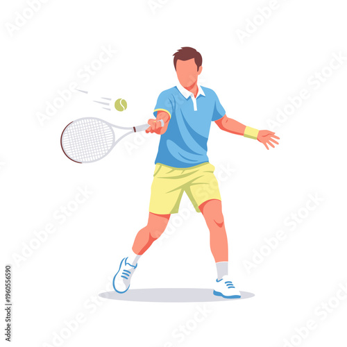 Male Tennis Player Hitting Ball with Racquet, Action Shot, Sport Illustration