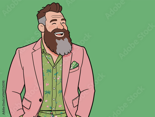 Man in pink suit with beard smiles against a green background during a casual photo session
