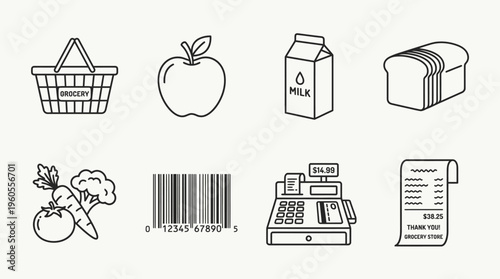 Grocery shopping icons: basket, apple, milk, bread, vegetables, barcode, register, receipt.