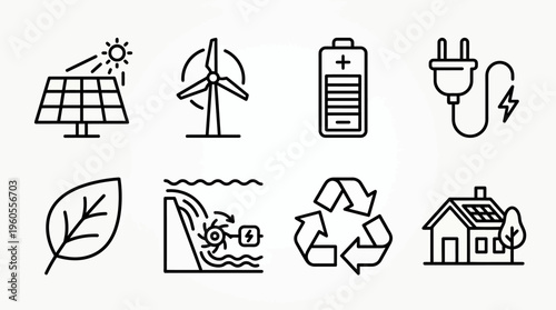 Renewable energy icons: solar, wind, battery, plug, leaf, hydro, recycle, eco home.