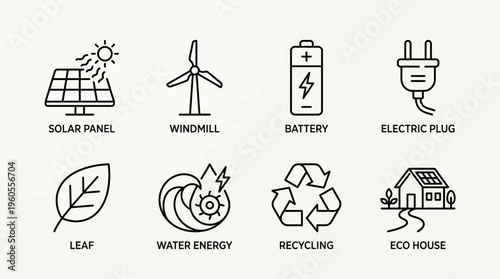 Renewable energy icons: solar, wind, battery, plug, leaf, hydro, recycle, eco home.
