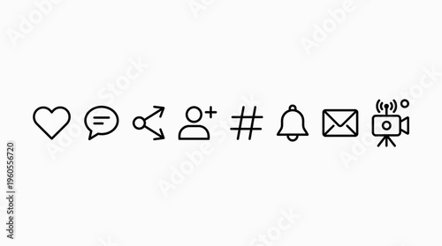 Social media icons: like, comment, share, follow, hashtag, notification, message, live stream.