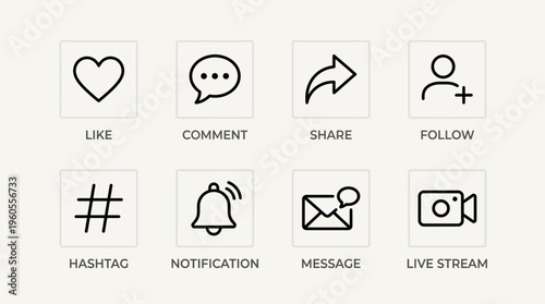Social media icons: like, comment, share, follow, hashtag, notification, message, live stream.