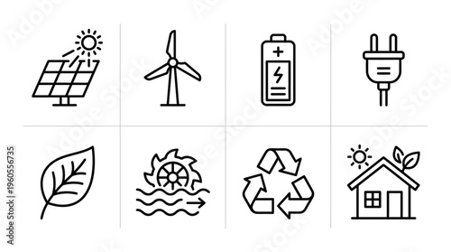 Renewable energy icons: solar, wind, battery, plug, leaf, hydro, recycle, eco home.