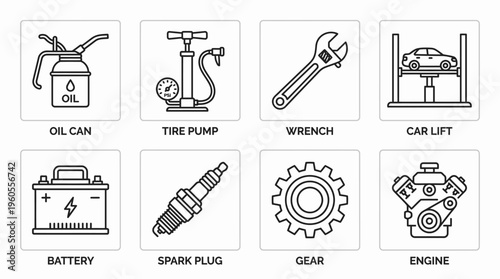Automotive tools and parts: oil can, tire pump, wrench, lift, battery, spark plug, gear, engine.