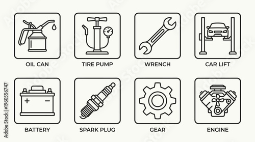 Automotive tools and parts: oil can, tire pump, wrench, lift, battery, spark plug, gear, engine.
