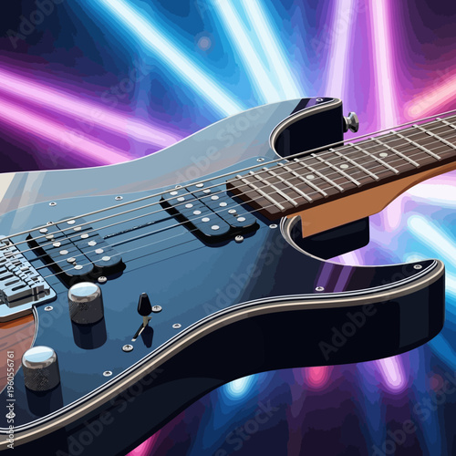 Black electric guitar on colorful background with blue and pink lights