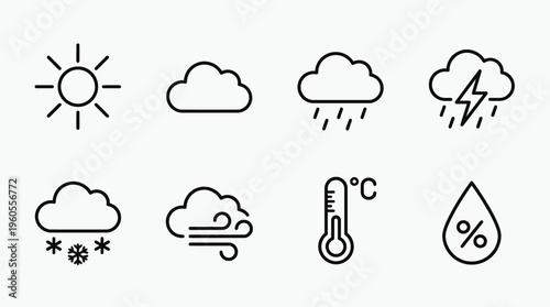 Weather icons: sun, cloud, rain, storm, snow, wind, thermometer, humidity droplet percentage.
