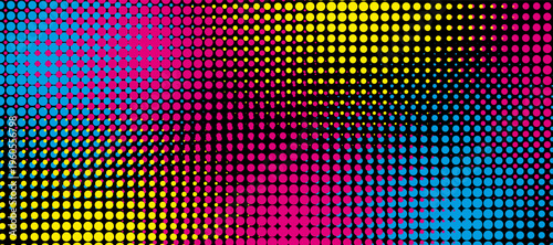 Horizontal banner with cyan, magenta, yellow and black halftone mosaic