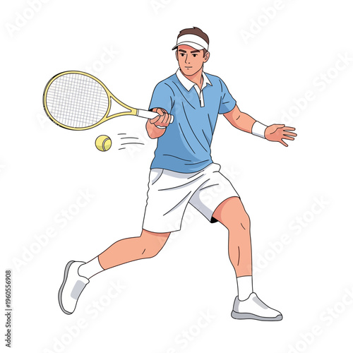 Male tennis player hitting forehand shot with racket and ball, athletic action