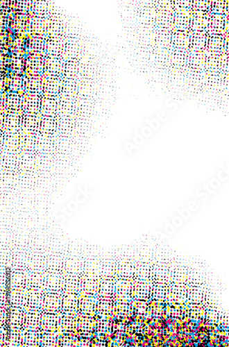 Abstract background with CMYK halftone dots mosaic on white background
