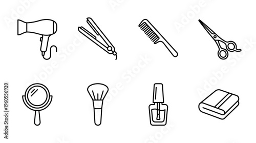 Essential beauty tools: hairdryer, straightener, comb, scissors, mirror, brush, polish, book.