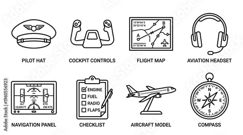 Aviation icons: pilot hat, yoke, map, headset, instruments, checklist, airplane, compass.