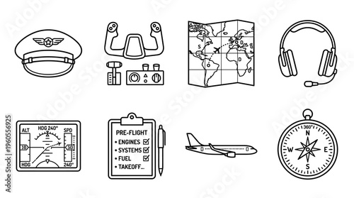 Aviation icons: pilot hat, yoke, map, headset, instruments, checklist, airplane, compass.