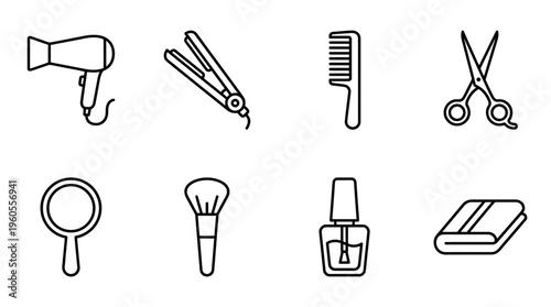 Essential beauty tools: hairdryer, straightener, comb, scissors, mirror, brush, polish, book.