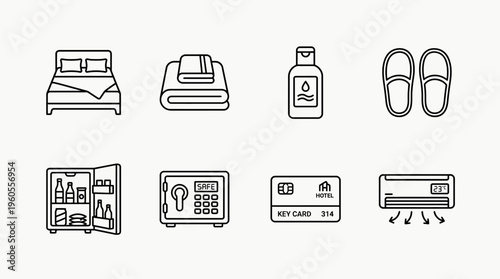 Hotel room icons: bed, hanger, soap, slippers, minibar, safe, key card, air conditioner.