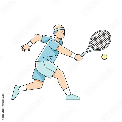 Male Tennis Player Swinging Racket at Ball in Action - Flat Illustration