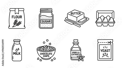 Essential baking ingredients arranged neatly: flour, sugar, butter, eggs, milk, vanilla, yeast.