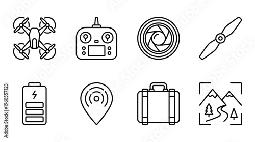Drone technology icons: quadcopter, controller, lens, propeller, battery, GPS, case, aerial view.