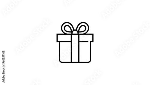 A simple black line drawing of a gift box with a ribbon on a white background