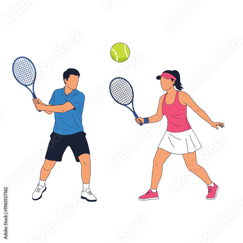 Man and Woman Playing Tennis Together, Sports Recreation, Outdoor Activity