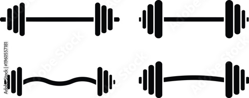 Four black silhouette icons show different barbell shapes used for weightlifting and strength training