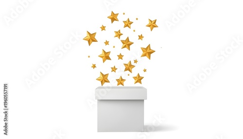 A white gift box with a burst of golden stars emerging from it, symbolizing excellence and celebration