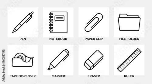 Office supply icons: pen, notebook, paperclip, folder, tape, highlighter, eraser, ruler.