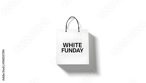 A white shopping bag with the words WHITE FUNDAY printed on it hangs from a handle against a plain white background.