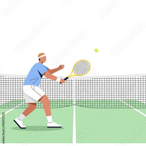 Man playing tennis on a court, hitting ball with racket, sport illustration