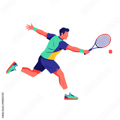 Man playing tennis, hitting ball with racket, dynamic action pose, flat illustration