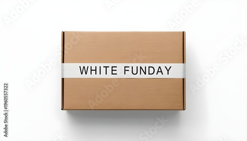 A brown cardboard box with a white label that reads White Funday on a plain white background