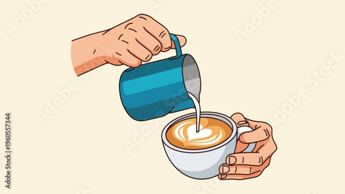 Barista pouring milk for latte art in a cup