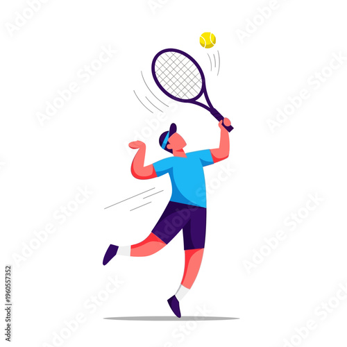 Man playing tennis, hitting ball with racket, dynamic action shot, flat design