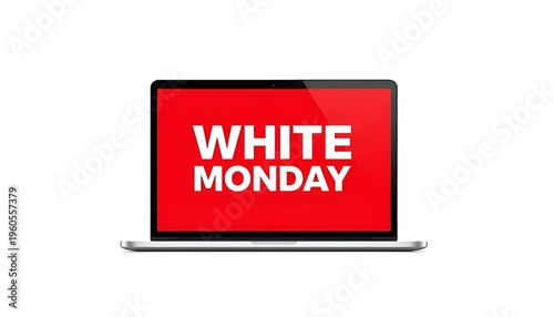 A laptop computer displays a red screen with the words White Monday in large white letters.