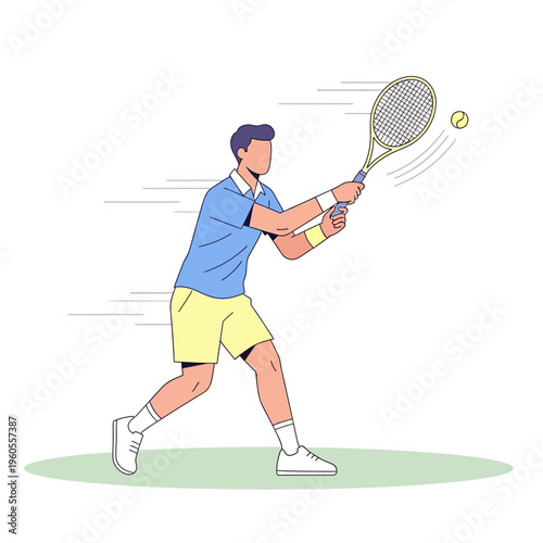 Man playing tennis, hitting ball with racket, dynamic action shot, flat illustration style