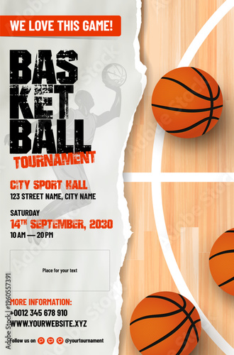 Basketball tournament invitation poster with balls and torn paper