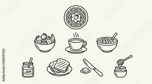 Breakfast food icons: waffles, coffee, cereal, yogurt, bread, jam, honey, butter.