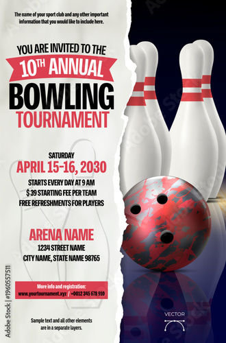 Bowling tournament invitation poster with skittles, balls and torn paper