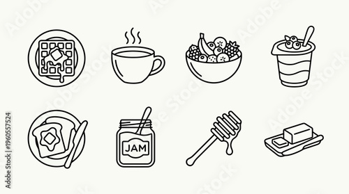 Breakfast food icons: waffles, coffee, cereal, yogurt, bread, jam, honey, butter.