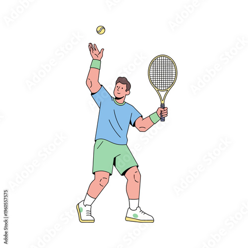 Man playing tennis, serving ball with racket, action shot, cartoon style