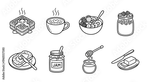 Breakfast food icons: waffles, coffee, cereal, yogurt, bread, jam, honey, butter.