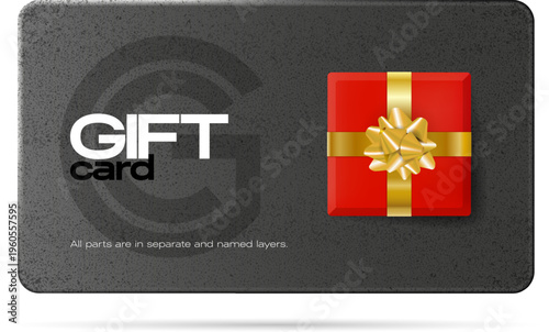 Gray gift card template with grungy noisy texture and luxury red gift box