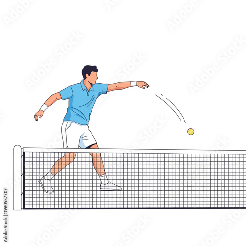 Man playing tennis, serving ball over net, dynamic sport illustration