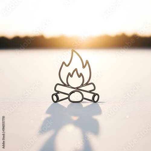 A serene campfire scene at sunset with a peaceful lake background