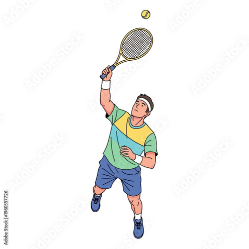 Man playing tennis, serving the ball, athletic action, sport illustration