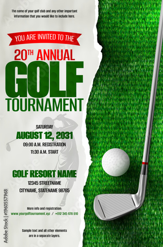 Golf tournament invitation poster with metal club, ball and torn paper