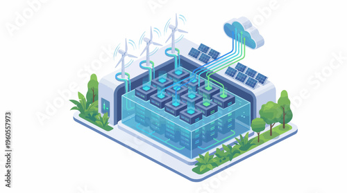 Isometric blue isometric data center with green server rows and renewable energy sources in white minimalistic scene