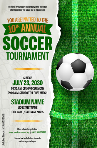 Soccer or football tournament invitation poster with ball and torn paper